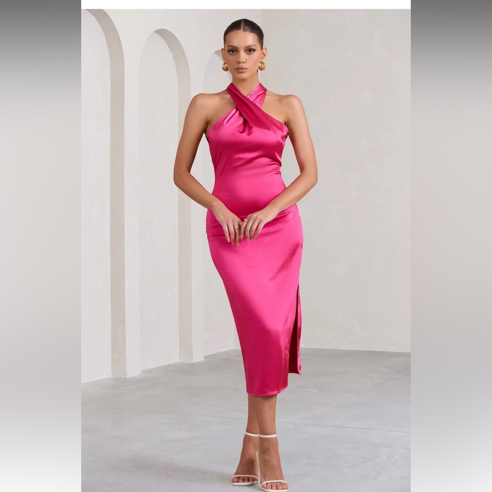 Club L London Fuchsia Satin Crossover Halter Neck Midi Dress